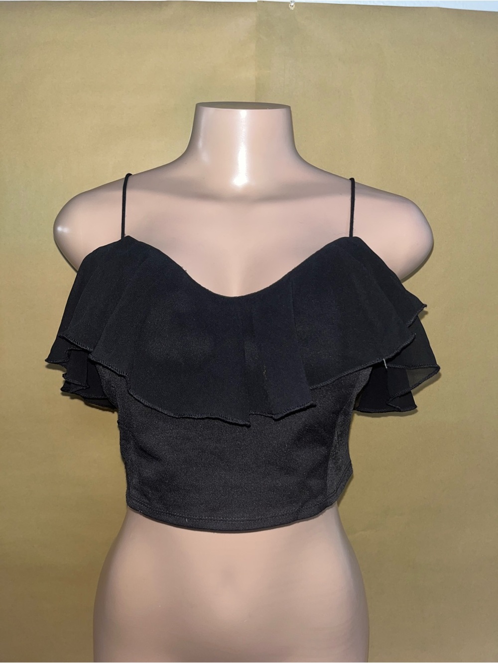 Windsor Black Ruffle Off-Shoulder Crop Top with Spaghetti Straps